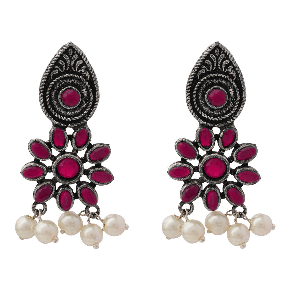 Drew flower pearl stud earrings (Red)