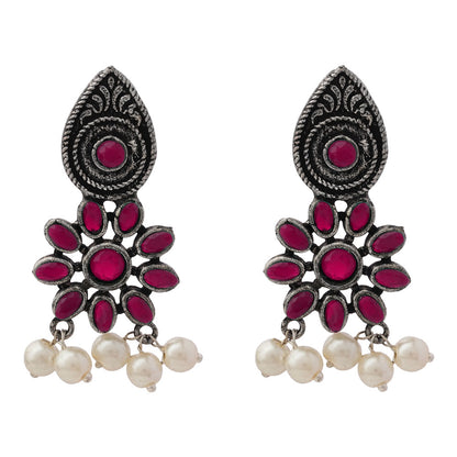 Drew flower pearl stud earrings (Red)