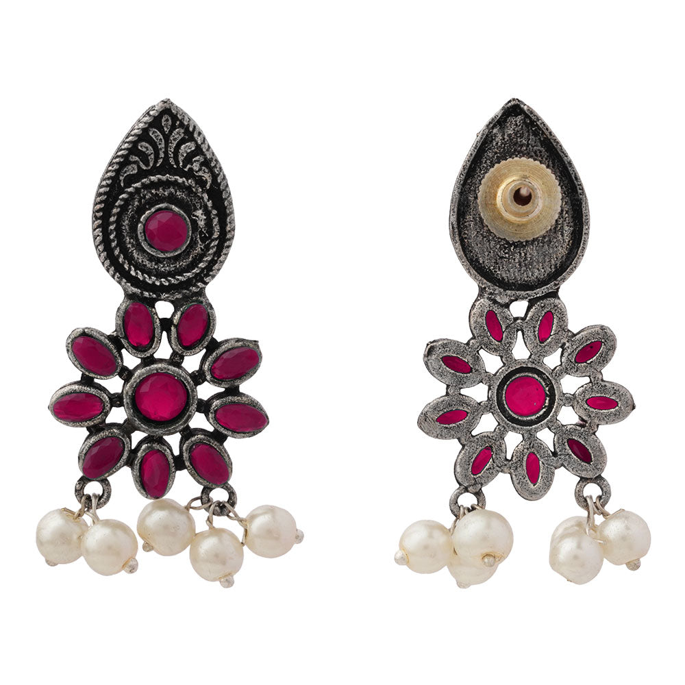 Drew flower pearl stud earrings (Red)