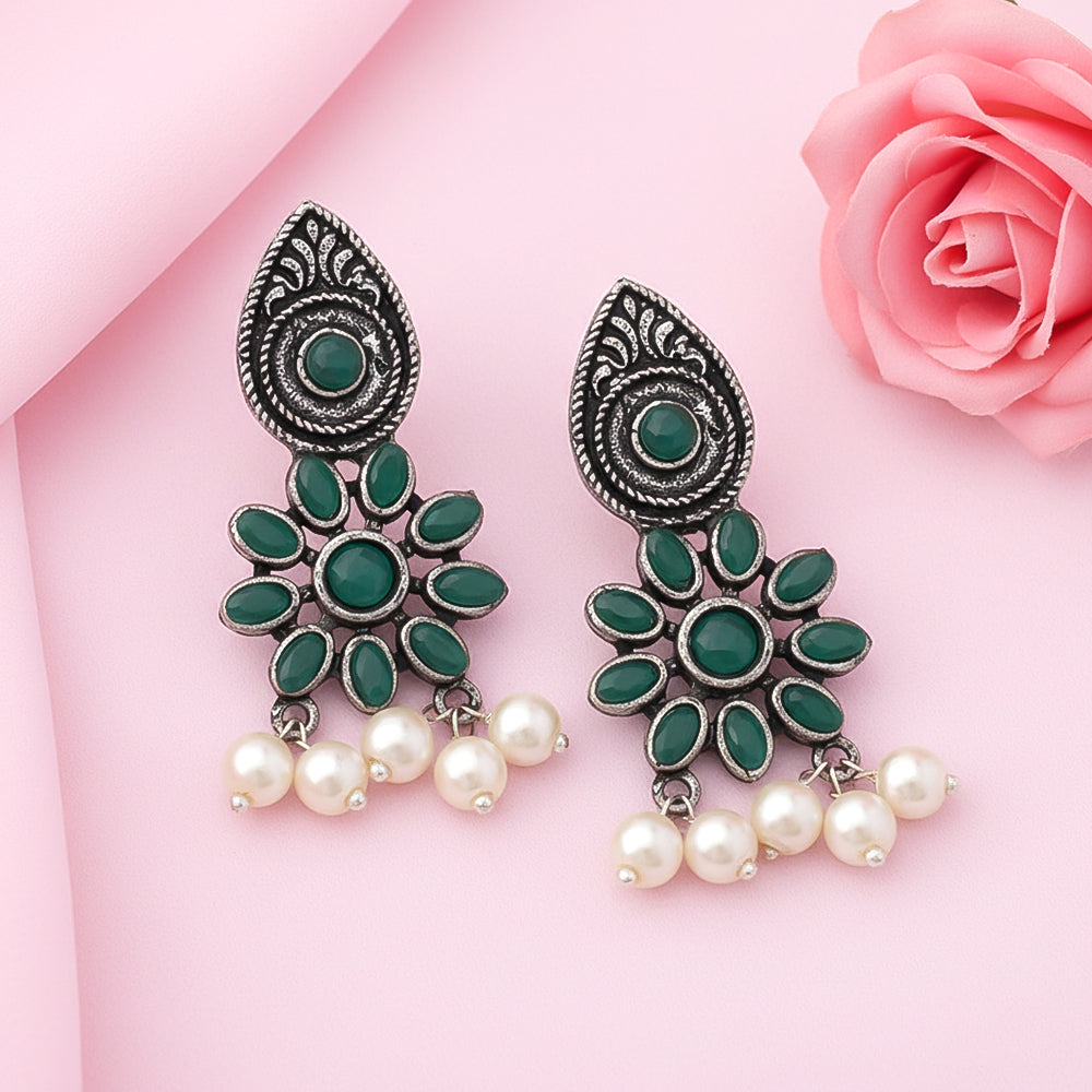 Drew flower pearl stud earrings (Green)