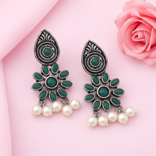 Drew flower pearl stud earrings (Green)
