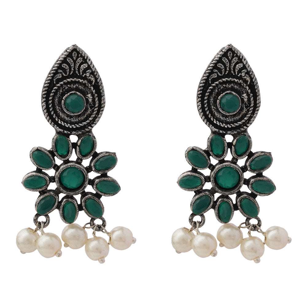 Drew flower pearl stud earrings (Green)