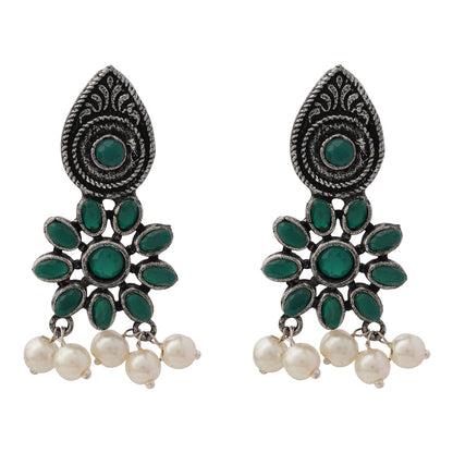 Drew flower pearl stud earrings (Green)