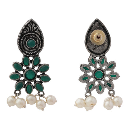 Drew flower pearl stud earrings (Green)