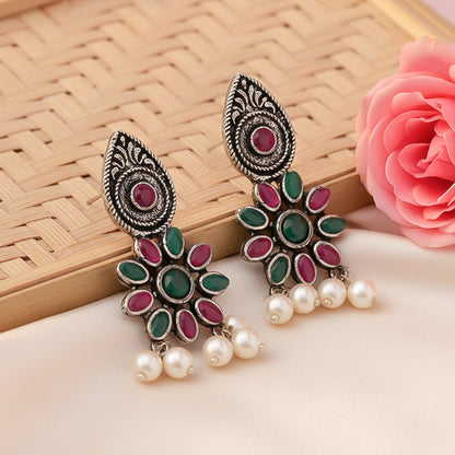 Drew flower pearl stud earrings (Multicolored)