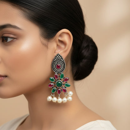 Drew flower pearl stud earrings (Multicolored)