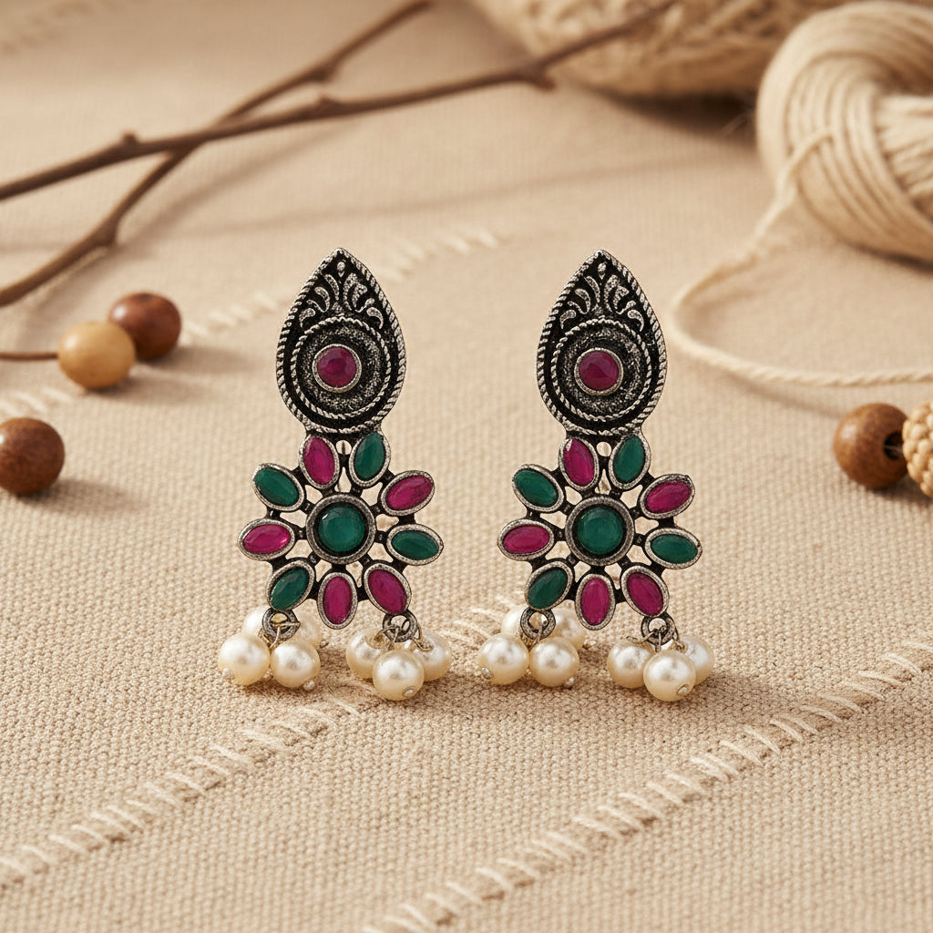 Drew flower pearl stud earrings (Multicolored)