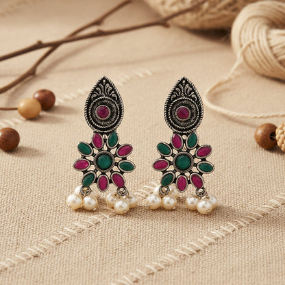 Drew flower pearl stud earrings (Multicolored)