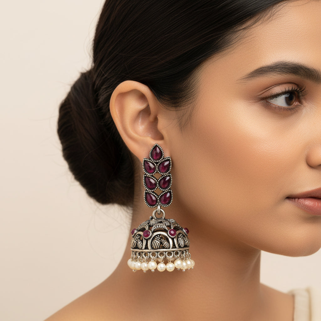 Jugni vibrant stud earrings (White)&Leaf Cascade jhumki earrings (Red) Combo set