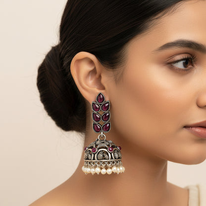 Jugni vibrant stud earrings (White)&Leaf Cascade jhumki earrings (Red) Combo set