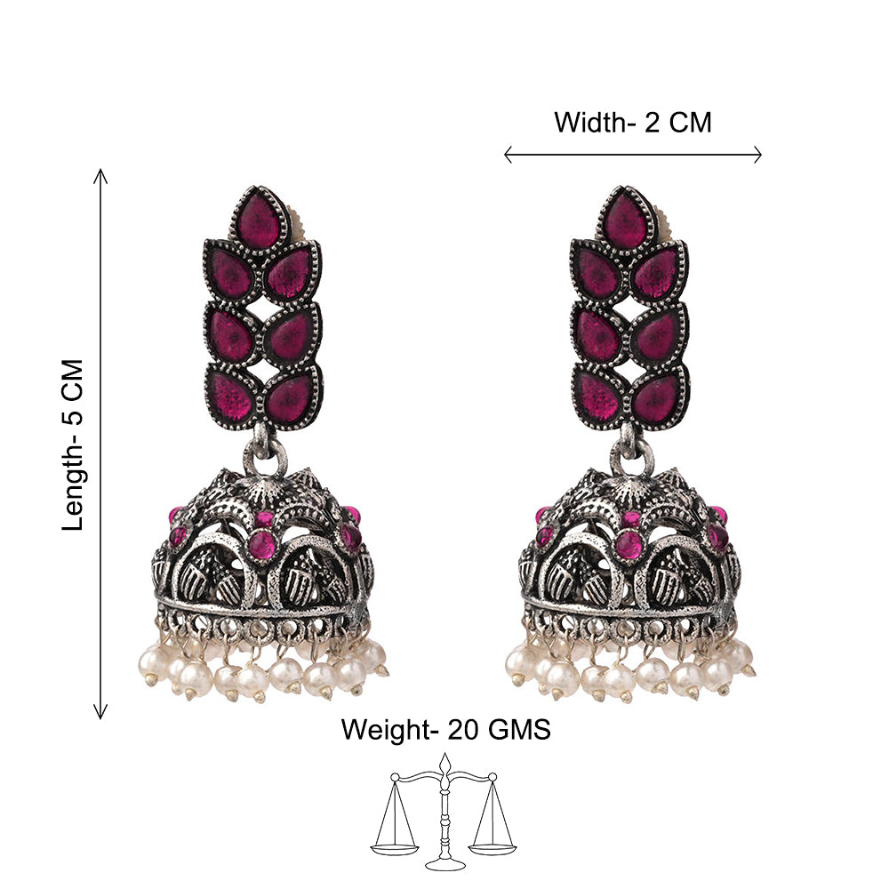Leaf Cascade jhumki earrings (Red) Wonderful wildflower oxidised stud earrings (Black) Combo set