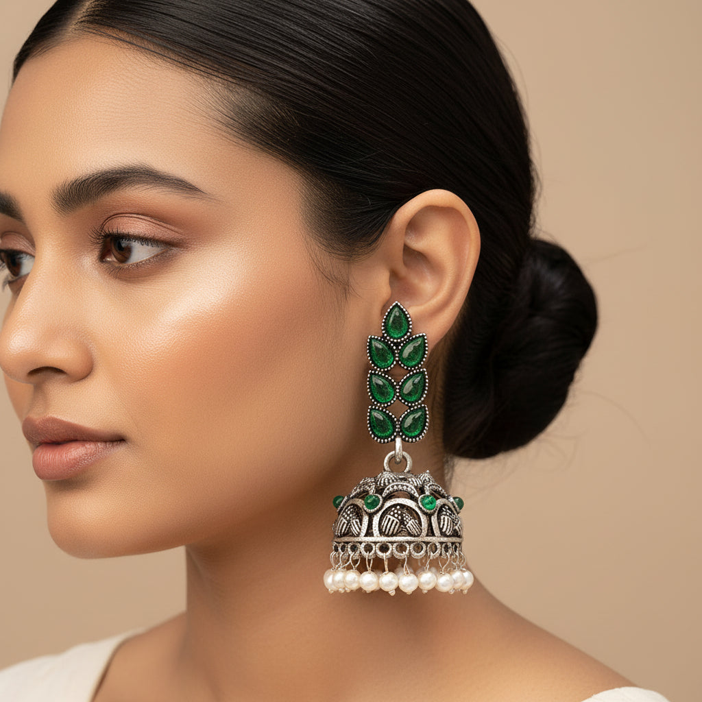 Jugni vibrant stud earrings (Baby Pink)&Leaf Cascade jhumki earrings (Green) Combo set