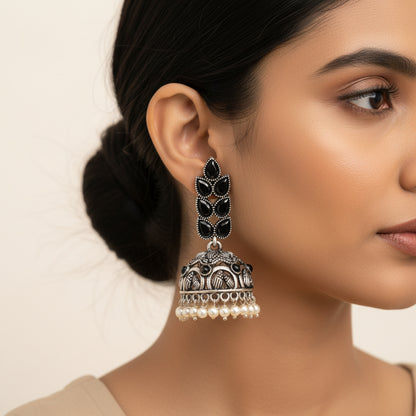 Jugni vibrant stud earrings (White)&Leaf Cascade jhumki earrings (Black) Combo set