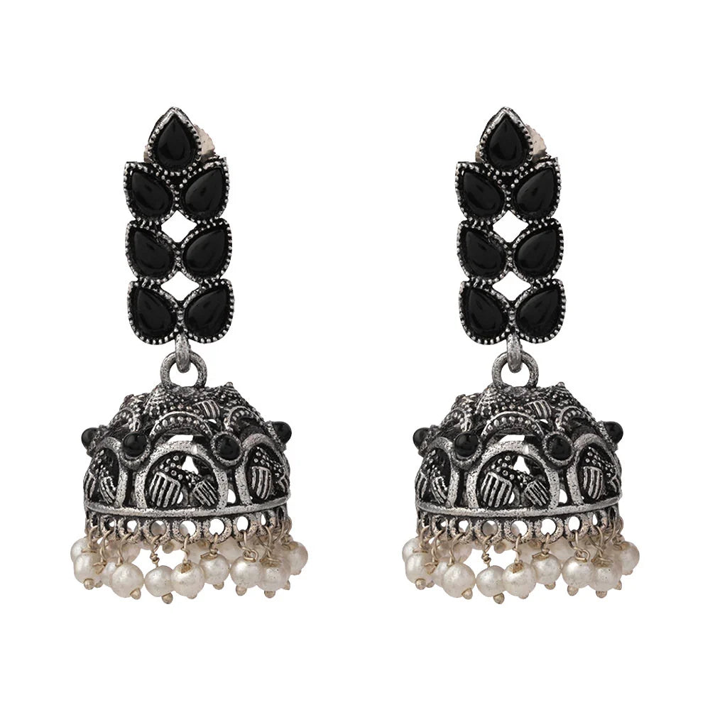Peacock glow stone studded dangler earrings (White) Leaf Cascade jhumki earrings (Black) Combo set