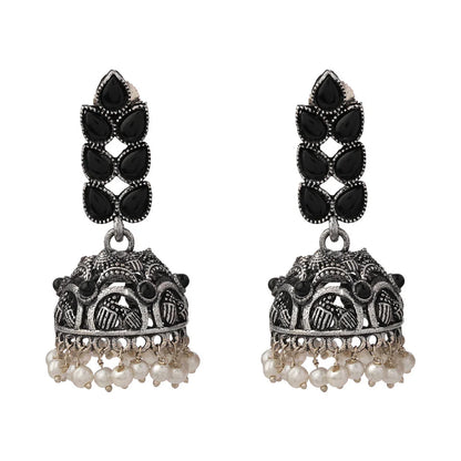 Peacock glow stone studded dangler earrings (White) Leaf Cascade jhumki earrings (Black) Combo set