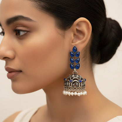 Jugni vibrant stud earrings (White)&Leaf Cascade jhumki earrings (Blue) Combo set