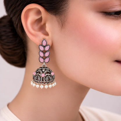 Leaf Cascade jhumki earrings (Baby Pink)