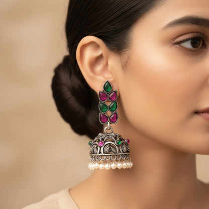 Jugni vibrant stud earrings (White)&Leaf Cascade jhumki earrings (Multicolored) Combo set