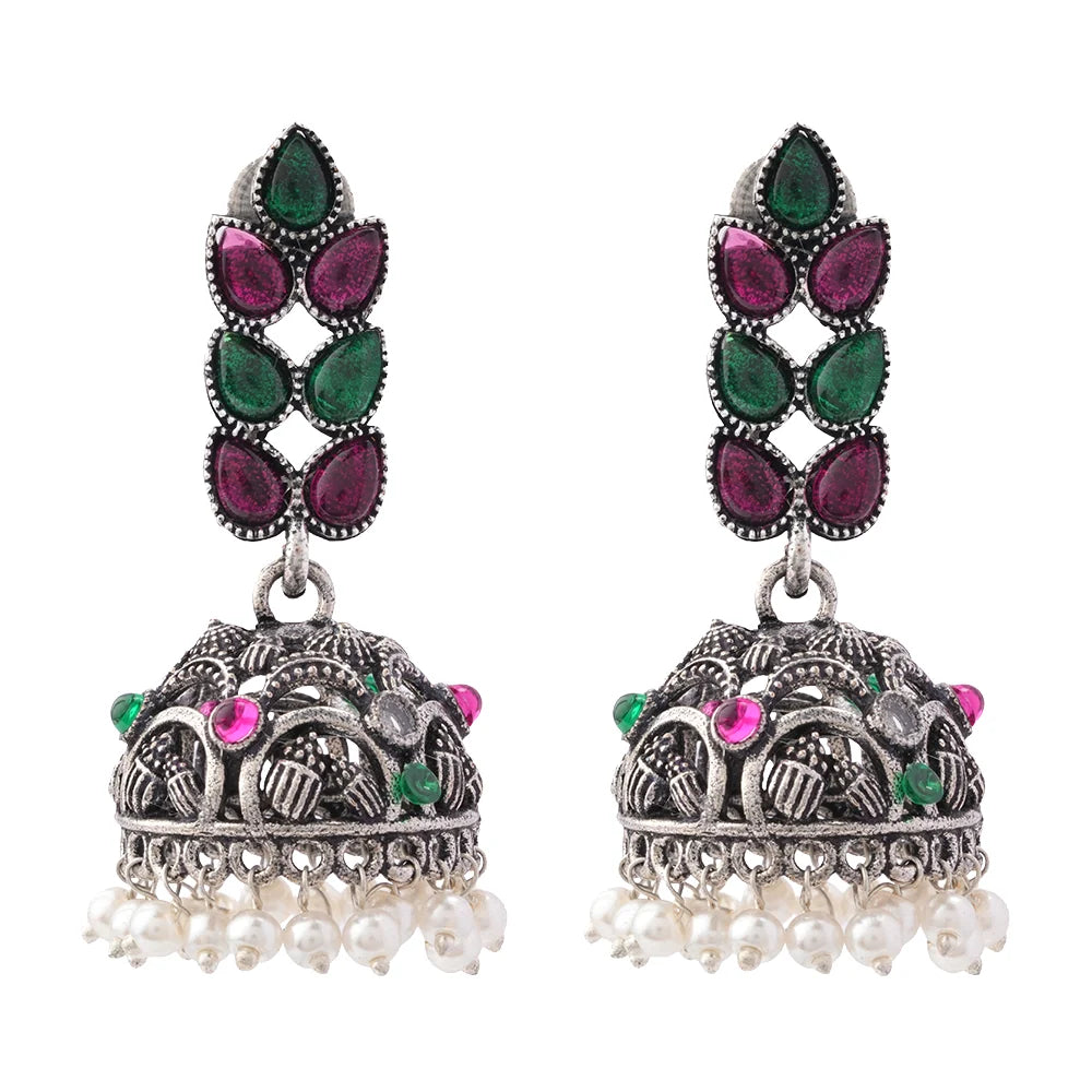 Peacock glow stone studded dangler earrings (White) Leaf Cascade jhumki earrings (Multicolored) Combo set
