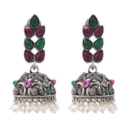 Peacock glow stone studded dangler earrings (White) Leaf Cascade jhumki earrings (Multicolored) Combo set