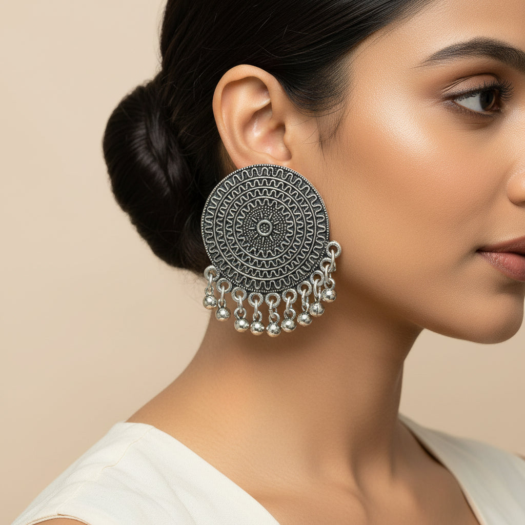 Echoing circle ghunghroo stud earrings (Silver)