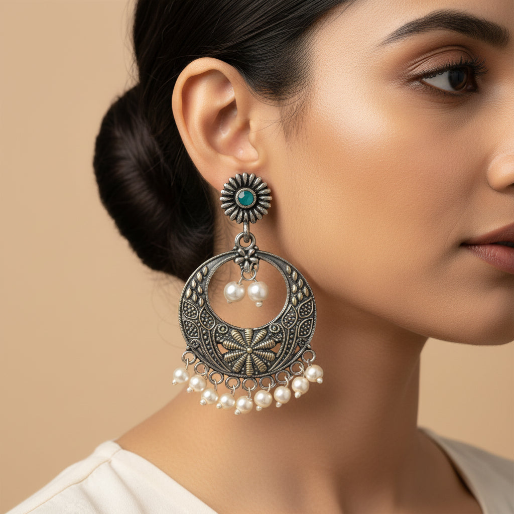 Graceful fall pearl dangler earrings (Green)