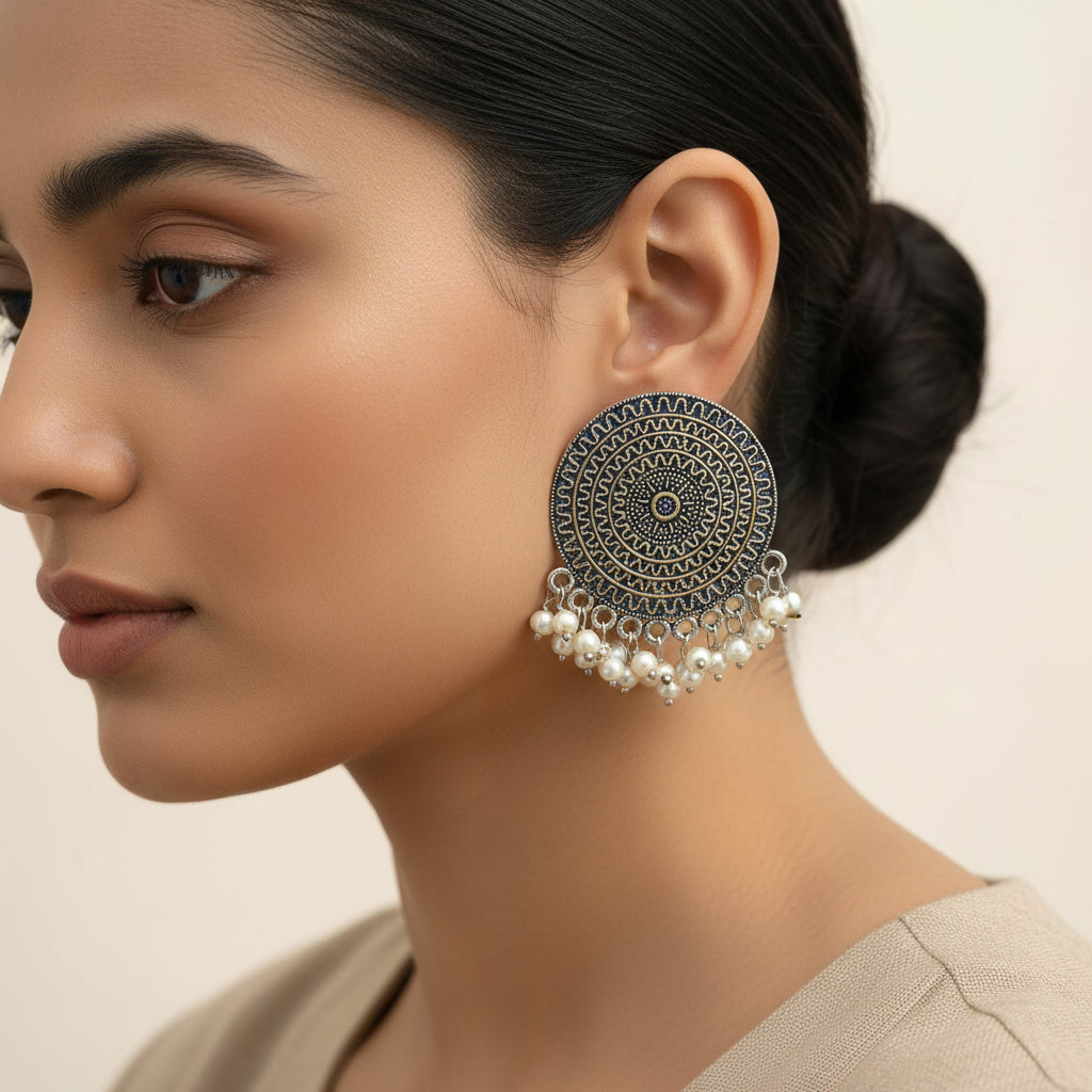 Echoing circle pearl stud earrings (Silver)