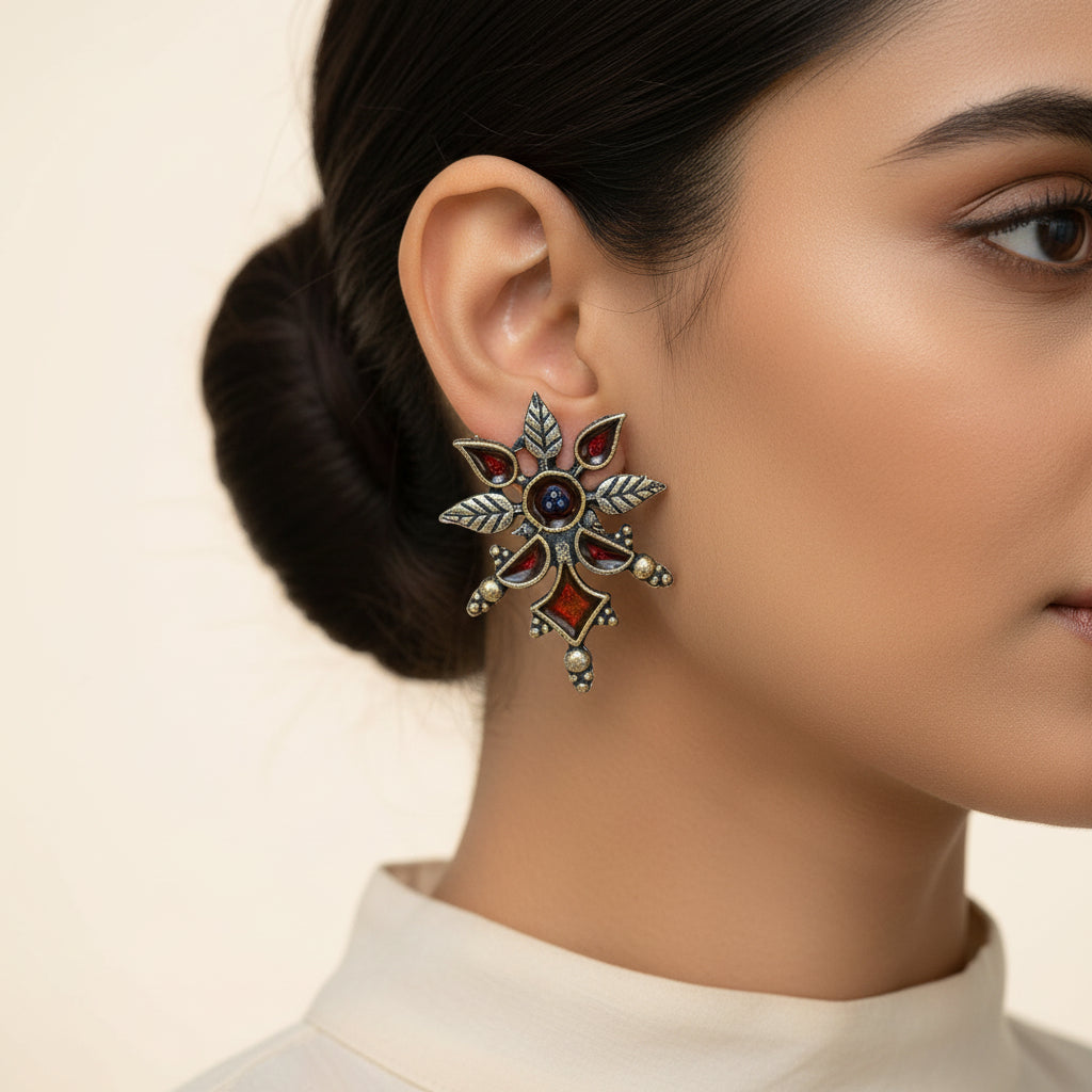 Royal Meenakari oxidized stud esrrings (Red)