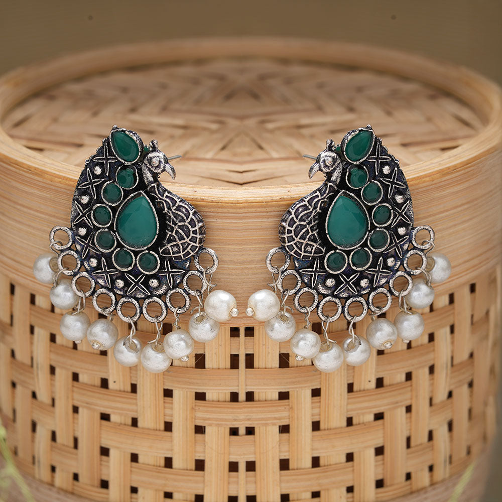 Peacock gem oxdized stud earrings (Green)