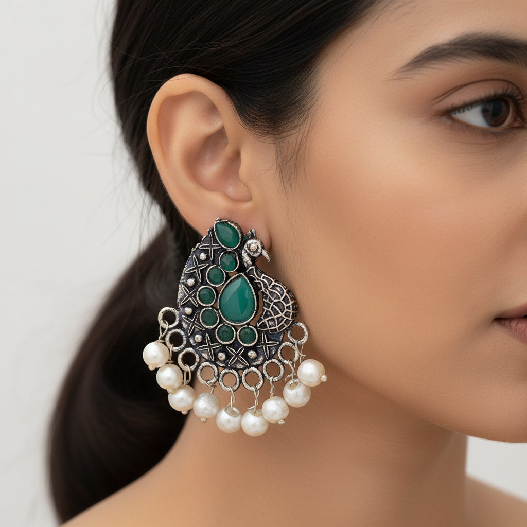 Peacock gem oxdized stud earrings (Green)