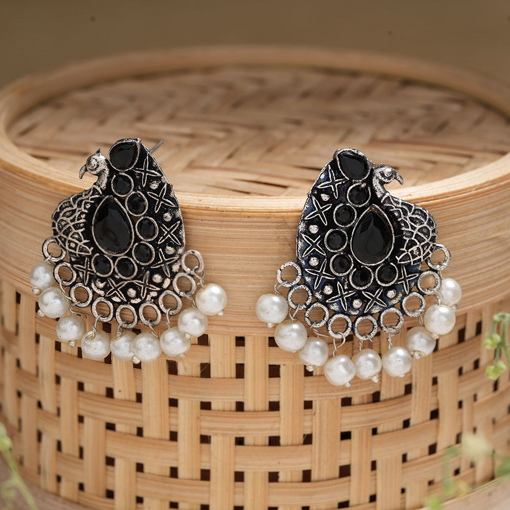 Peacock gem oxdized stud earrings (Black)