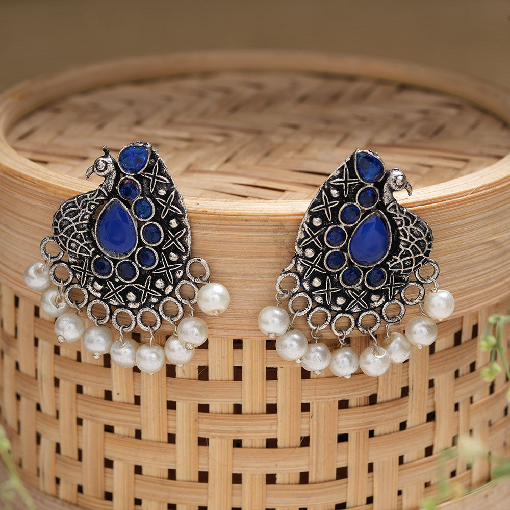 Peacock gem oxdized stud earrings (Blue)