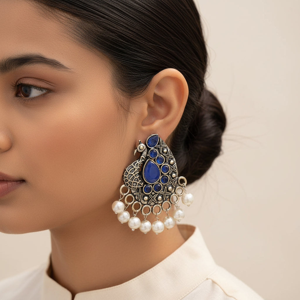 Peacock gem oxdized stud earrings (Blue)