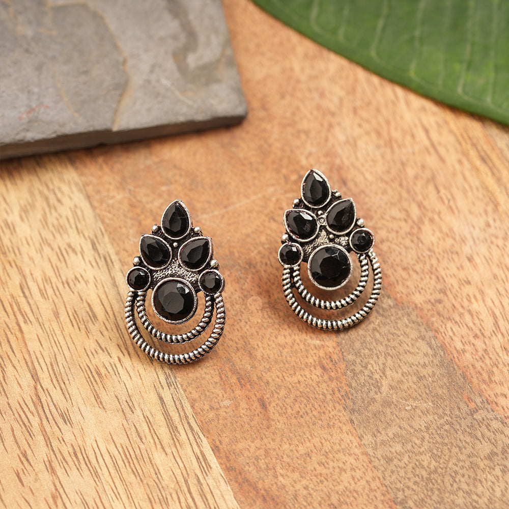 Aqua crown stone stud earrings (Black)
