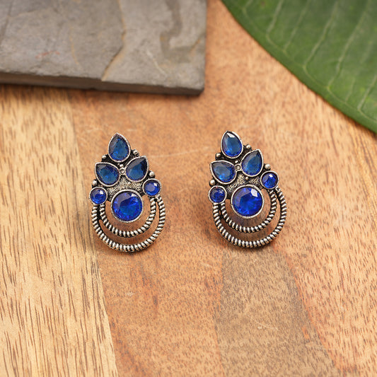 Crowned Rain Drop Stud Earrings - Blue