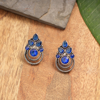 Aqua crown stone stud earrings (Blue)