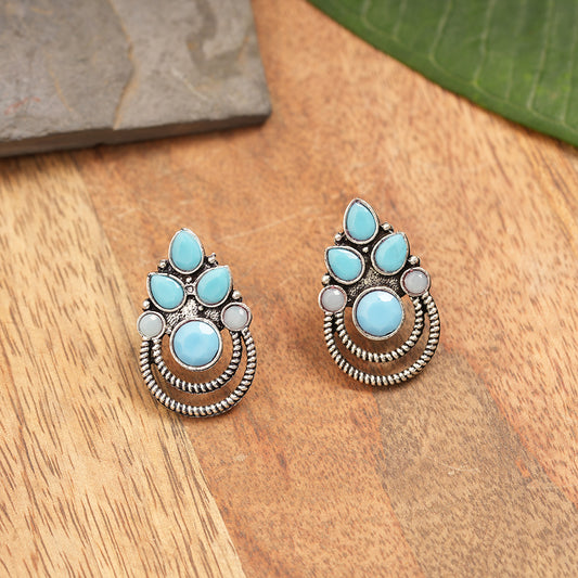 Crowned Rain Drop Stud Earrings - Sky Blue