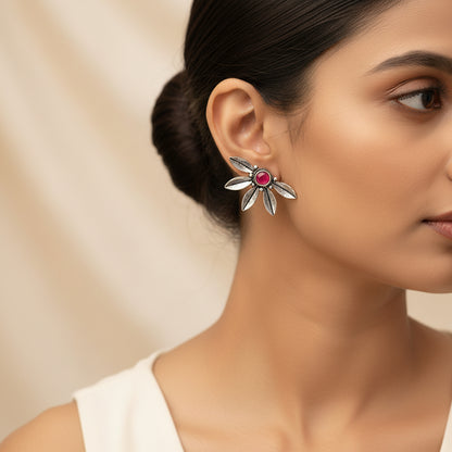 Crescent Bloom Oxidised Studs - Red