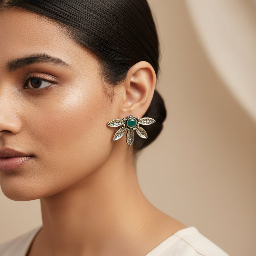 Crescent Bloom Oxidised Studs - Green