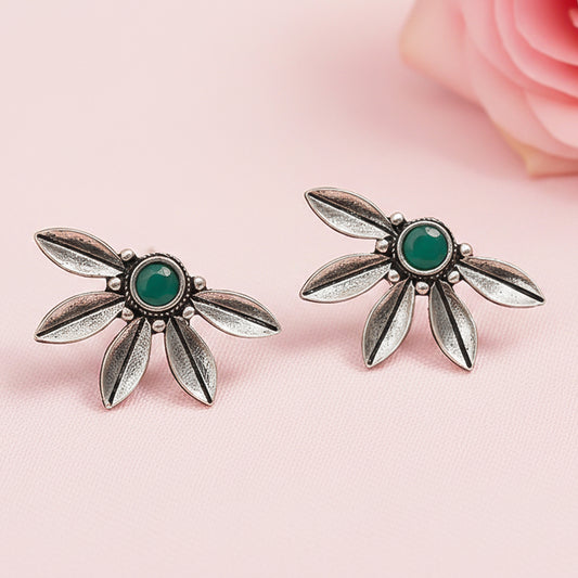 Crescent Bloom Oxidised Studs - Green
