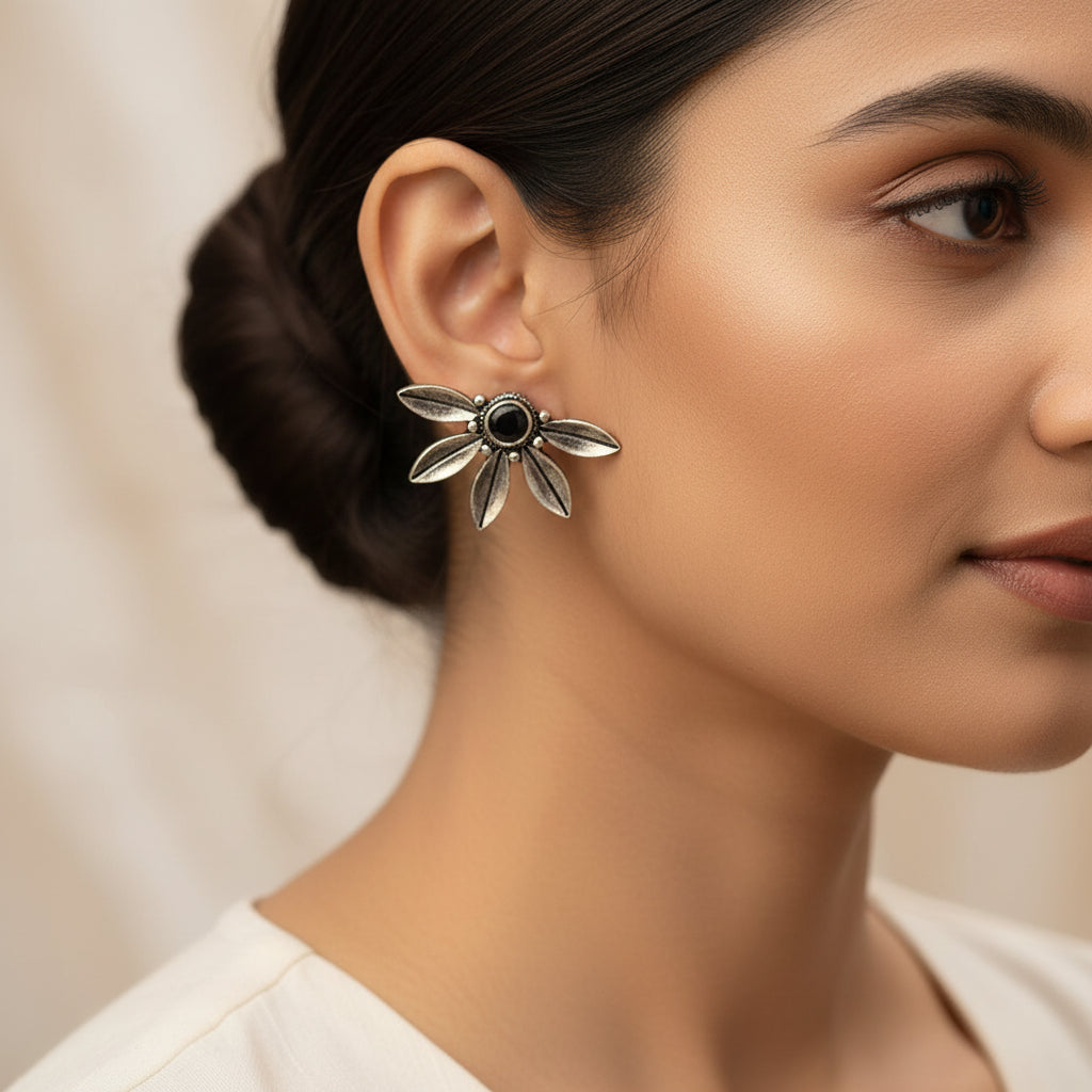 Crescent Bloom Oxidised Studs - Black