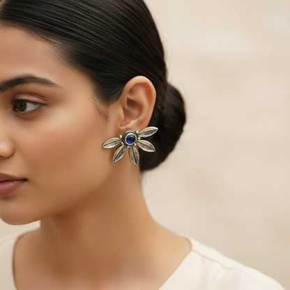 Carved Charm Dangler earrings (White) Crescent Bloom Oxidised Studs - Blue Combo set