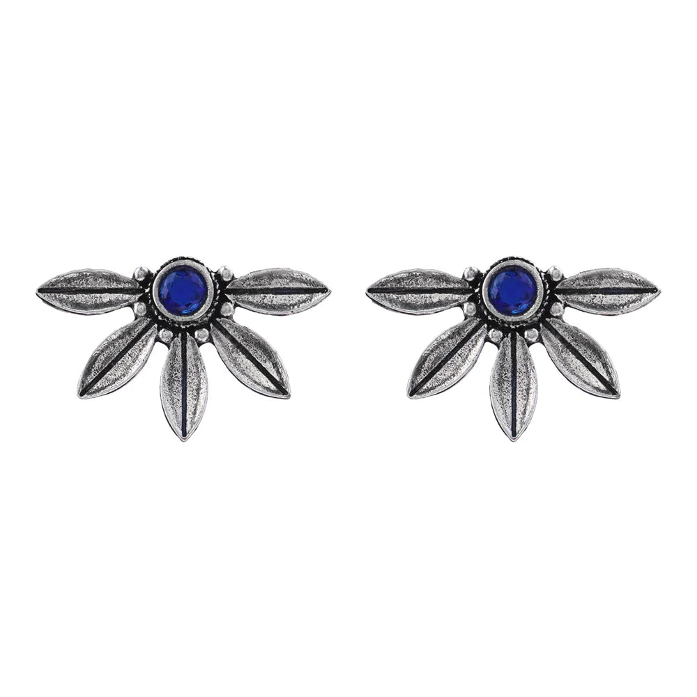 Carved Charm Dangler earrings (White) Crescent Bloom Oxidised Studs - Blue Combo set