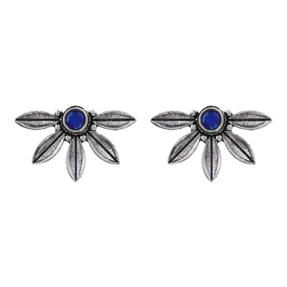 Carved Charm Dangler earrings (White) Crescent Bloom Oxidised Studs - Blue Combo set