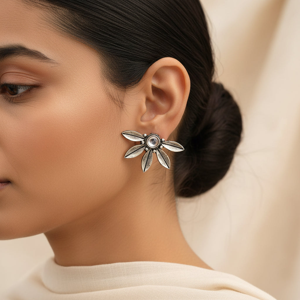 Crescent Bloom Oxidised Studs - White