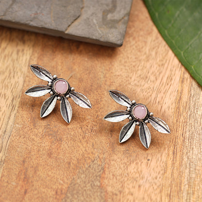 Crescent Bloom Oxidised Studs - Baby Pink