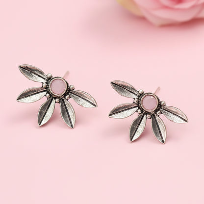 Crescent Bloom Oxidised Studs - Baby Pink