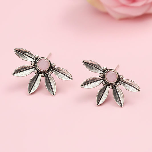 Crescent Bloom Oxidised Studs - Baby Pink