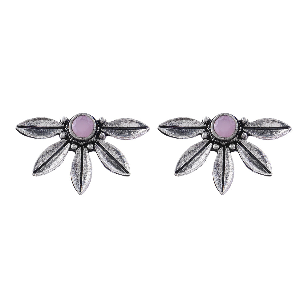 Crescent Bloom Oxidised Studs - Baby Pink