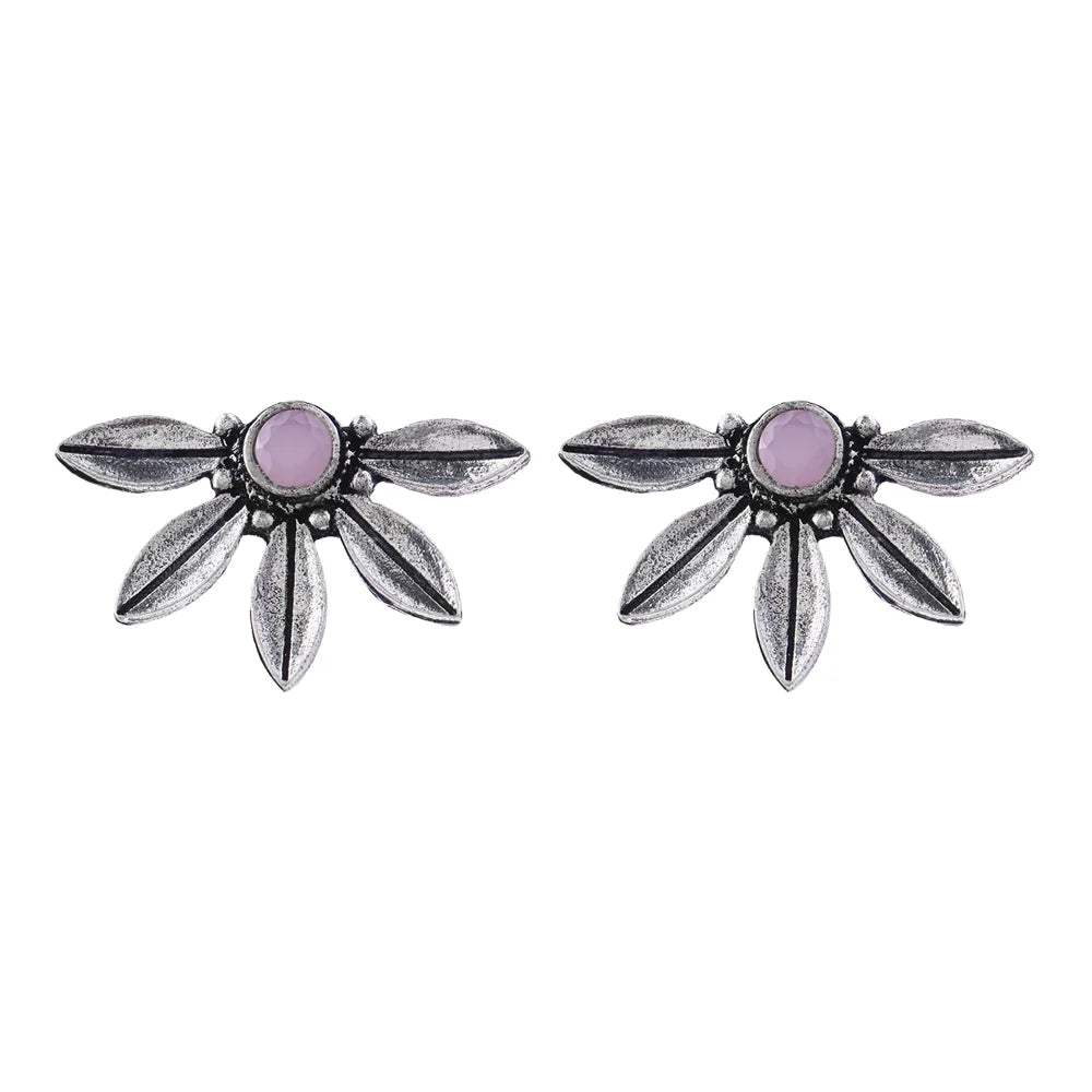 Carved Charm Dangler earrings (White) Crescent Bloom Oxidised Studs - Baby Pink Combo set